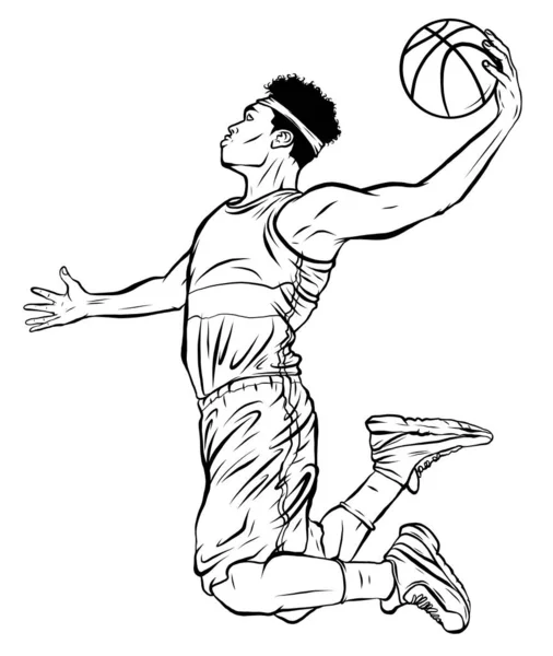 Negro jugador de baloncesto masculino saltando para disparar la pelota — Vector de stock