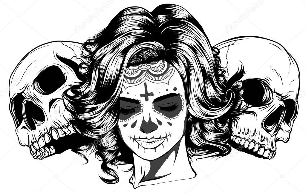 Girl with skeleton make up hand drawn vector sketch.