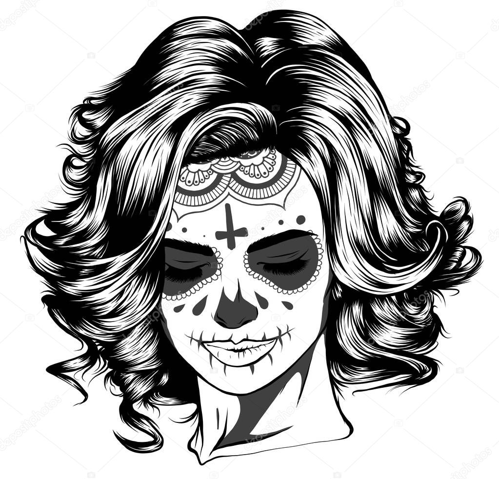Vector Illustration of black and white skull girl with rose in hairs on white background