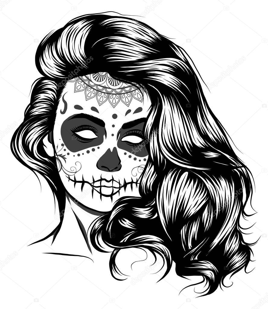 Vector Illustration of black and white skull girl with rose in hairs on white background