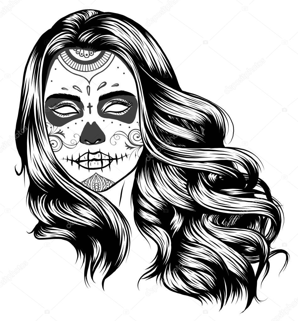 Vector Illustration of black and white skull girl with rose in hairs on white background