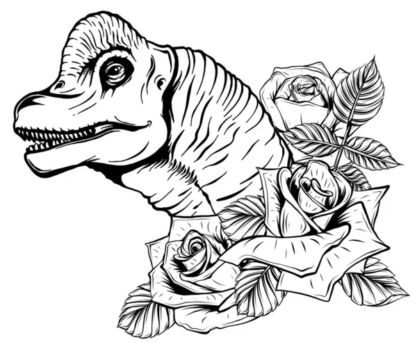 Dinosaurus en rozen frame. vectorontwerp. Concept art tekening. — Stockvector
