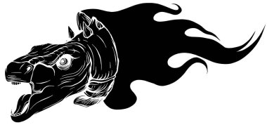 Alevler içinde yanan dinozor siyah silueti izole edilmiş vektör çizimi