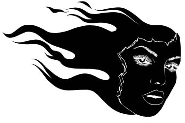 Ateşin Üzerinde Kız Yüzü Siyah Siluet Dövmeli Logo Vektörü İllüstrasyonu.