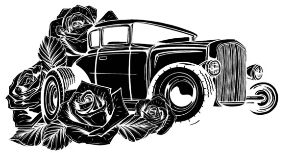 Coche de época, garaje de la barra caliente, coche de los hotrods, coche de la vieja escuela, silueta negra — Vector de stock