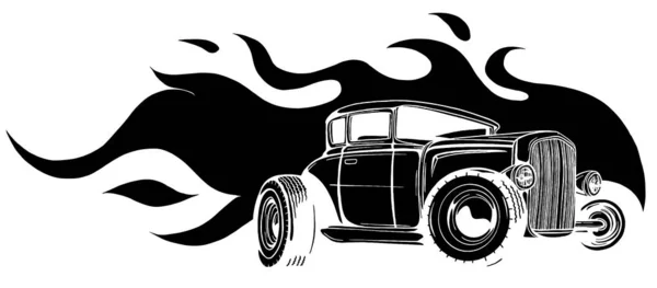Rápido coche llamas negro silueta vector ilustración desgn arte — Vector de stock