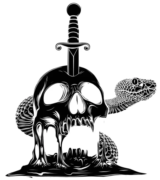 Un coltello nel cranio. silhouette nera Semplice cranio serie faccia. vettore di disegno del tatuaggio del cranio della monolina — Vettoriale Stock