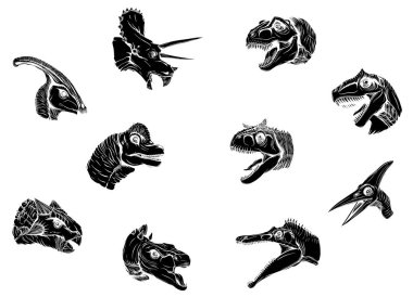 Beyaz arka plan vektörü siyah siluet üzerinde bir grup dinozor.