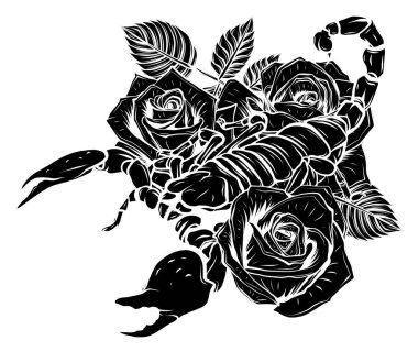 Siyah siluet El, Akrep 'in robot resmini çizdi. Dövmeli hayvan. Vektör illüstrasyonu