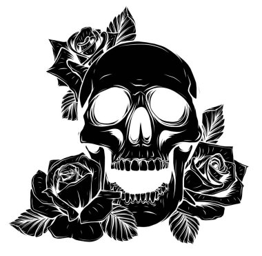 Siyah siluet Vektör, yapraklı ve güllü bir kafatası çizimini izole etti