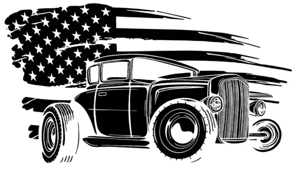 Illustration med hot rod på grunge amerikansk flagga svart siluett — Stock vektor