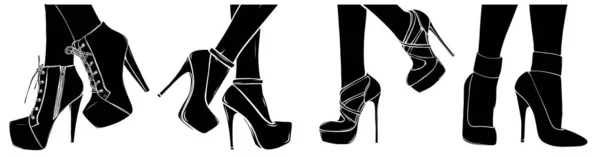 Ragazze vettoriali con i tacchi alti. Illustrazione di moda. Gambe femminili con le scarpe. Bel design. Quadro di tendenza in stile moda. Donne alla moda. Signore alla moda. silhouette nera — Vettoriale Stock