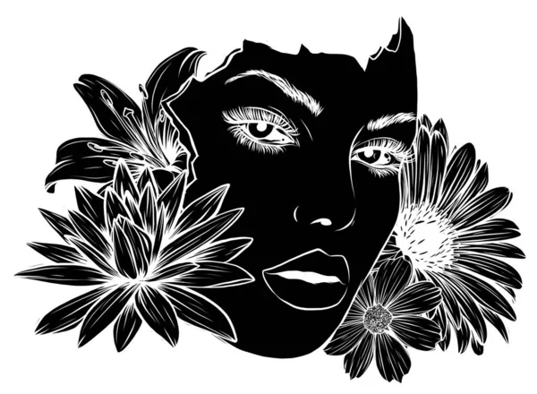 Beleza Menina Floral rosto vetor ilustração design preto silhueta — Vetor de Stock