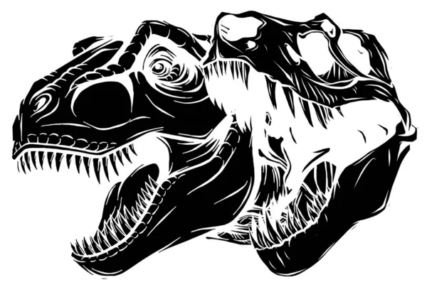 Beyaz arka planda izole edilmiş Tyrannosaur ve kafatası grafiksel portreleri, siyah siluet vektörü — Stok Vektör