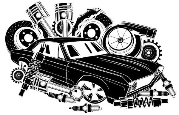 Illustrazione vettoriale del telaio e delle parti di ricambio auto silhouette nera — Vettoriale Stock