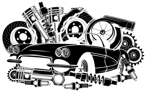Εικονογράφηση διάνυσμα των ανταλλακτικών αυτοκινήτων Πλαίσιο και μέρη μαύρη σιλουέτα — Διανυσματικό Αρχείο