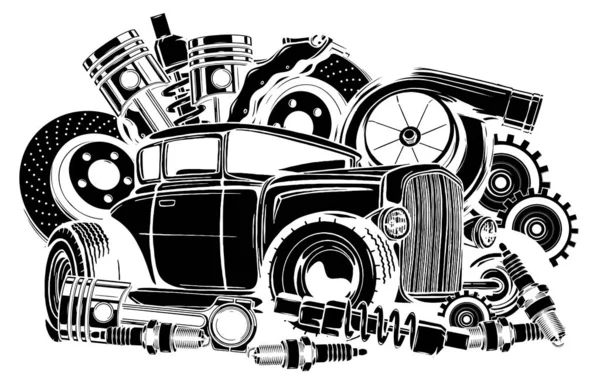 Vektor illusztrációja autó tartalék keret és alkatrészek fekete sziluett — Stock Vector