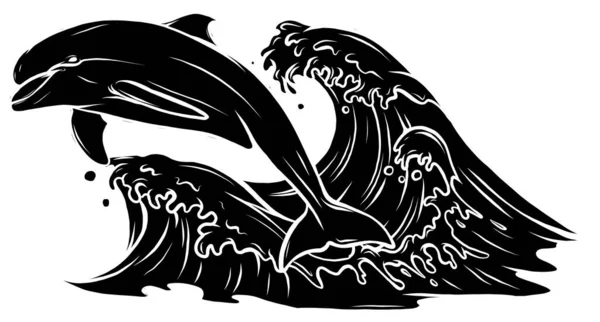 Μαύρη σιλουέτα Dolphins άλμα στην εικόνα διάνυσμα κύματα θάλασσα — Διανυσματικό Αρχείο