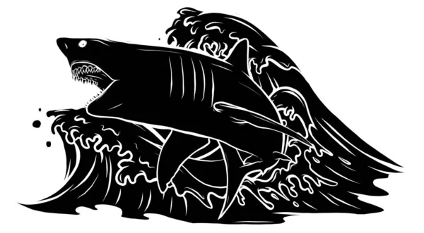 화가 난 상어가 바다에서 뛰어오르는 광경을 상징하는 로고 — 스톡 벡터