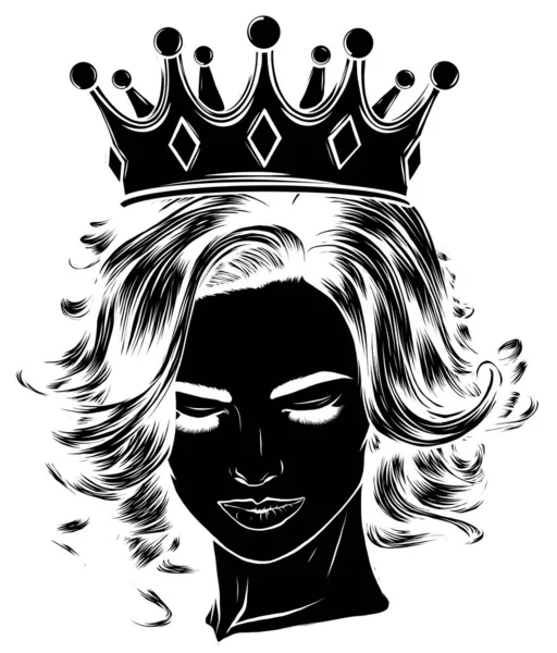 Black silhouette Female skull with a crown and long hair. Queen of death drawn in tattoo style. Vector. — Stock Vector