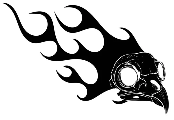 Negro silueta pájaro cráneo en diseño de tatuaje de fuego. Vector dibujado a mano — Archivo Imágenes Vectoriales