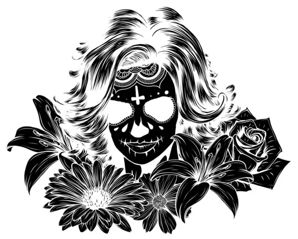 Silueta negro Día de la chica sexy muerta con flor aislada en blanco — Vector de stock