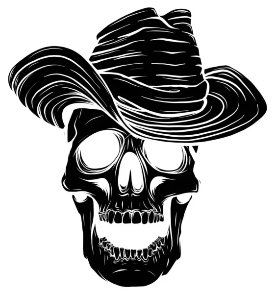 Black silhouette Gangster skull tattoo. Death head with cigar and hat vector — Stock Vector