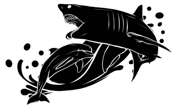 Golfinho silhueta preta que está pulando para fora da água do mar sobre fundo branco, isolado. Ilustração vetorial. — Vetor de Stock