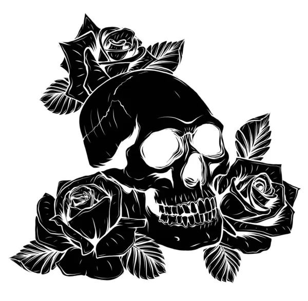 Μαύρη σιλουέτα Διάνυσμα απομονωμένη απεικόνιση ενός κρανίου με τριαντάφυλλα και φύλλα — Διανυσματικό Αρχείο