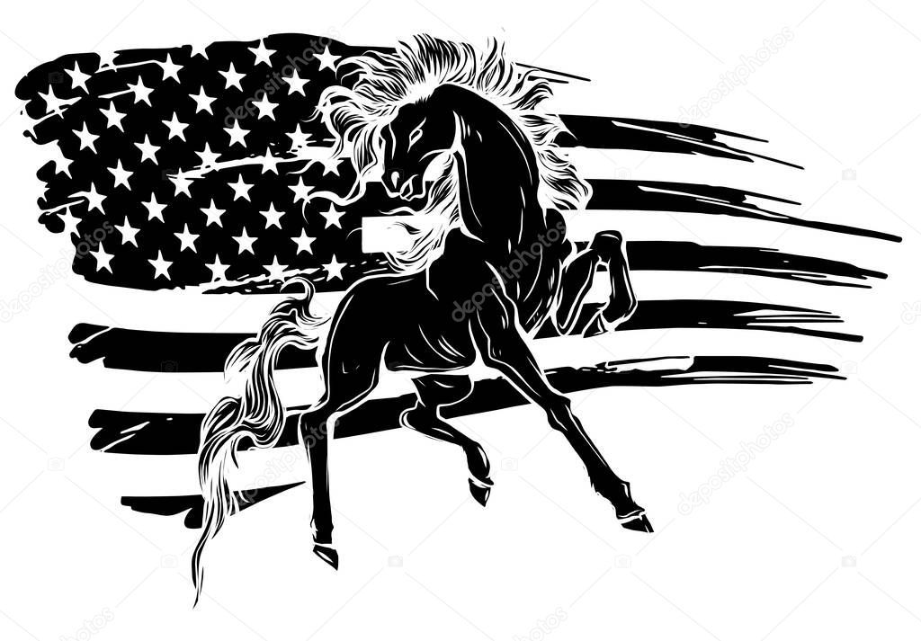 Grunge flag background, wild horse, vector illustration black silhouette