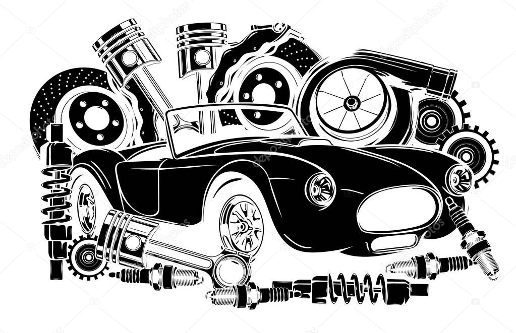 Vector illustration of Car Spares Frame and parts black silhouette