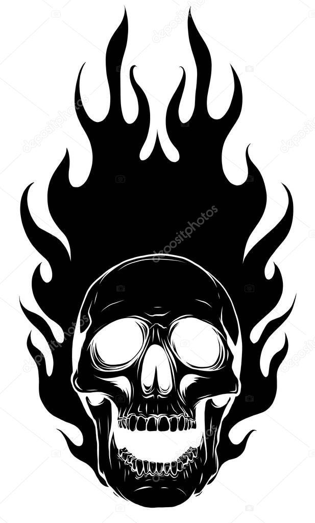 black silhouette Skull Vector Image Template with Flames