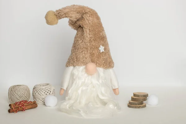 Scandinavian Swedish Gnome White Clothes Beige Hat Woolen Balls Cinnamon — Stock Photo, Image