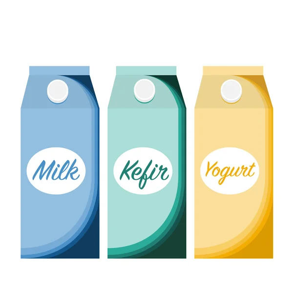 Drei Packungen Milchprodukte Verschiedenen Farben Milchblaue Packung Kefir Green Pack — Stockvektor