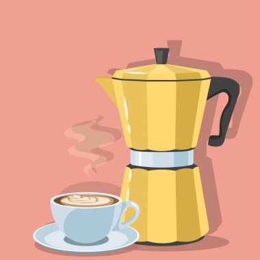 Sarı renkli gayzer kahve makinesi ve bir fincan kahve, vektör çizimi.