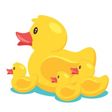 Sarı, şirin çizgi film kauçuk banyolu ördek ailesi mavi sularda. vektör illüstrasyonu