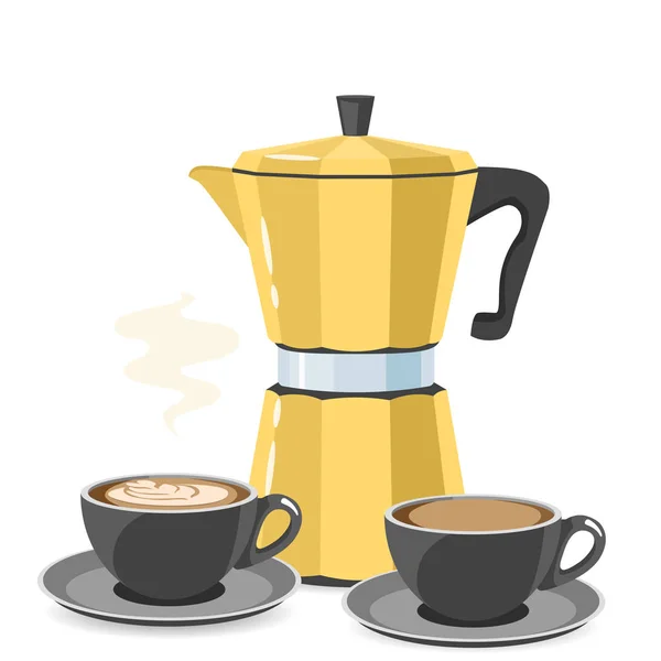 Gul Vintage Gejser Kaffebryggare Med Koppar Kaffe Vektor Illustration — Stock vektor