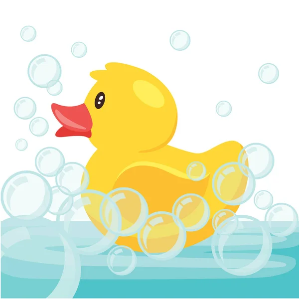 Yellow Cute Cartoon Rubber Bath Duck Blue Water Vector Illustration — 스톡 벡터