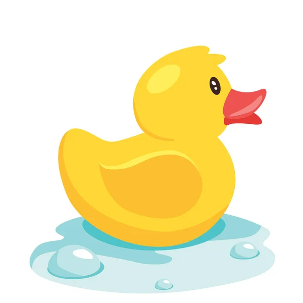 Yellow Cute Cartoon Rubber Bath Duck Blue Water Vector Illustration — 스톡 벡터