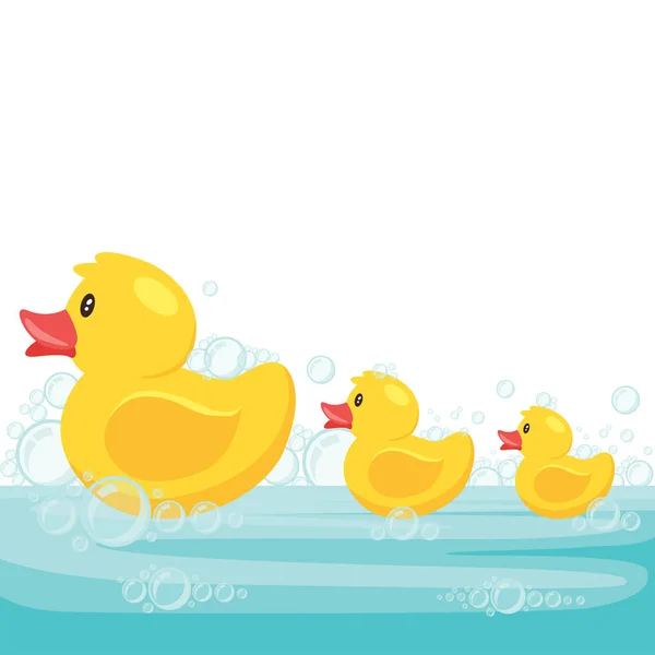 Yellow Cute Cartoon Rubber Bath Ducks Family Blue Water Vector — 스톡 벡터