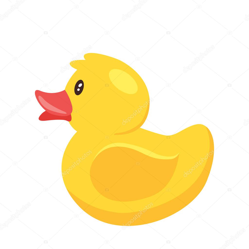 Yellow cute cartoon rubber bath duck in the blue water. vector illustration