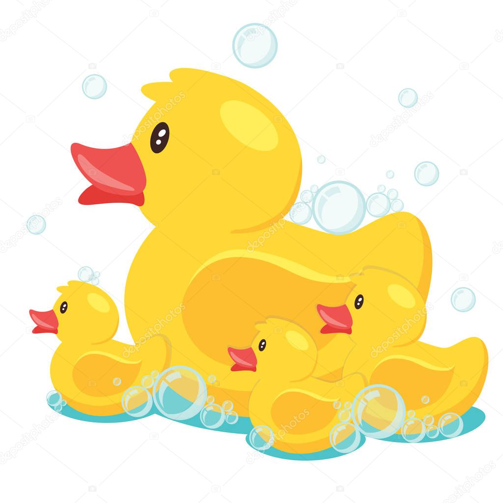 Yellow cute cartoon rubber bath ducks family in the blue water. vector illustration