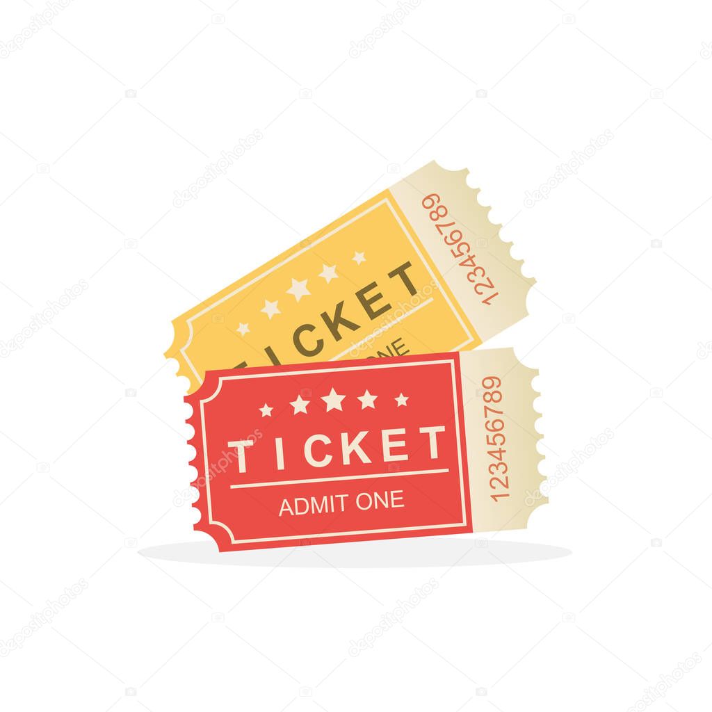 Realistic retro vintage admit one tickets set with shadows on white BG, vector illustration