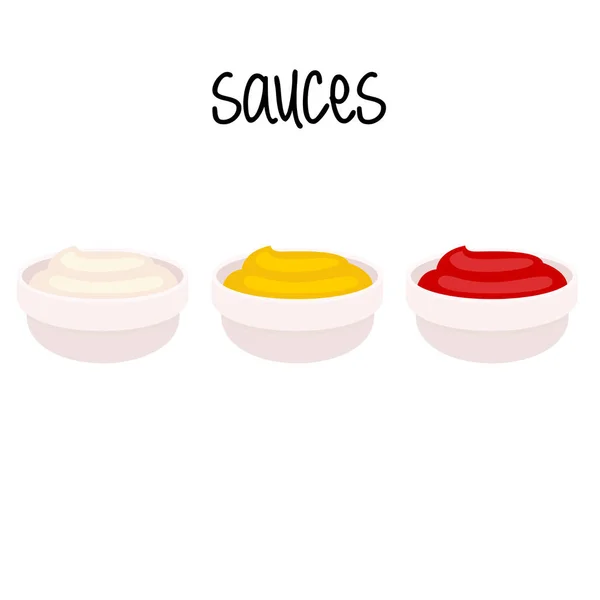 Salsas Cuenco Mayonesa Ketchup Mostaza Vector — Vector de stock