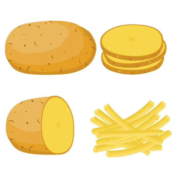 Potatis Vektor Illustration Uppsättning Hela Skivor Halv Och Pommes Frites — Stock vektor