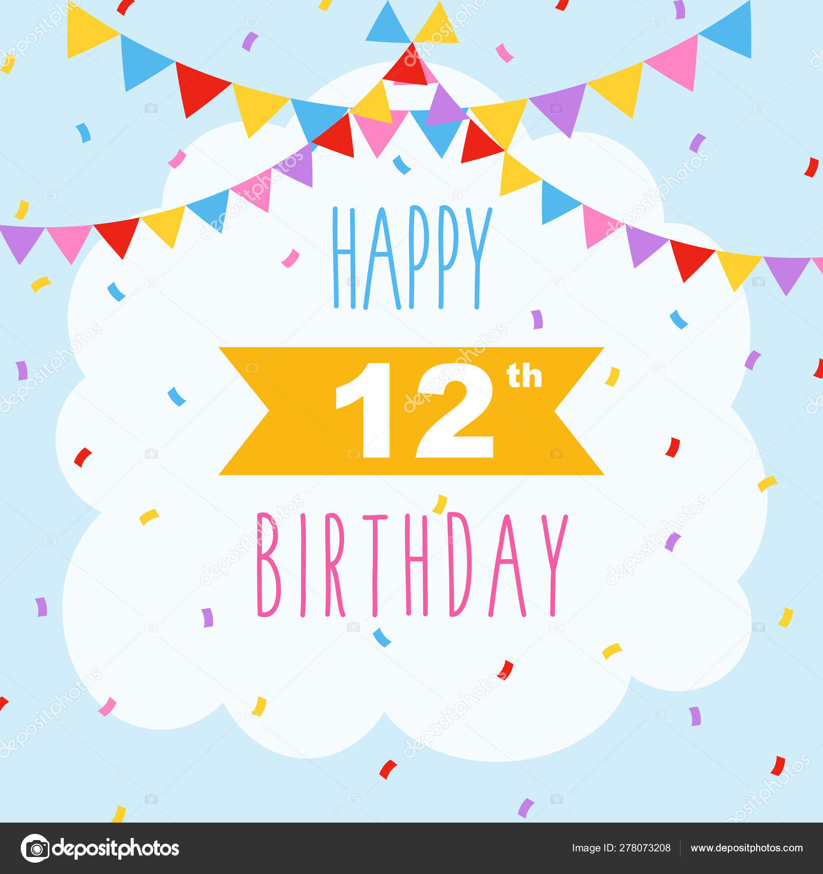 Happy 12Th Birthday Vector Illustration Greeting Card Confetti Garlands