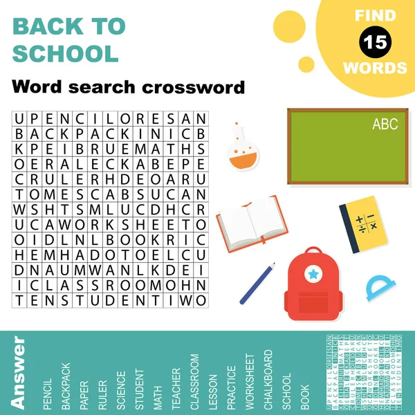 Back School Word Search Crossword Educational Worksheet Kids Answer Vector — Stock Vector