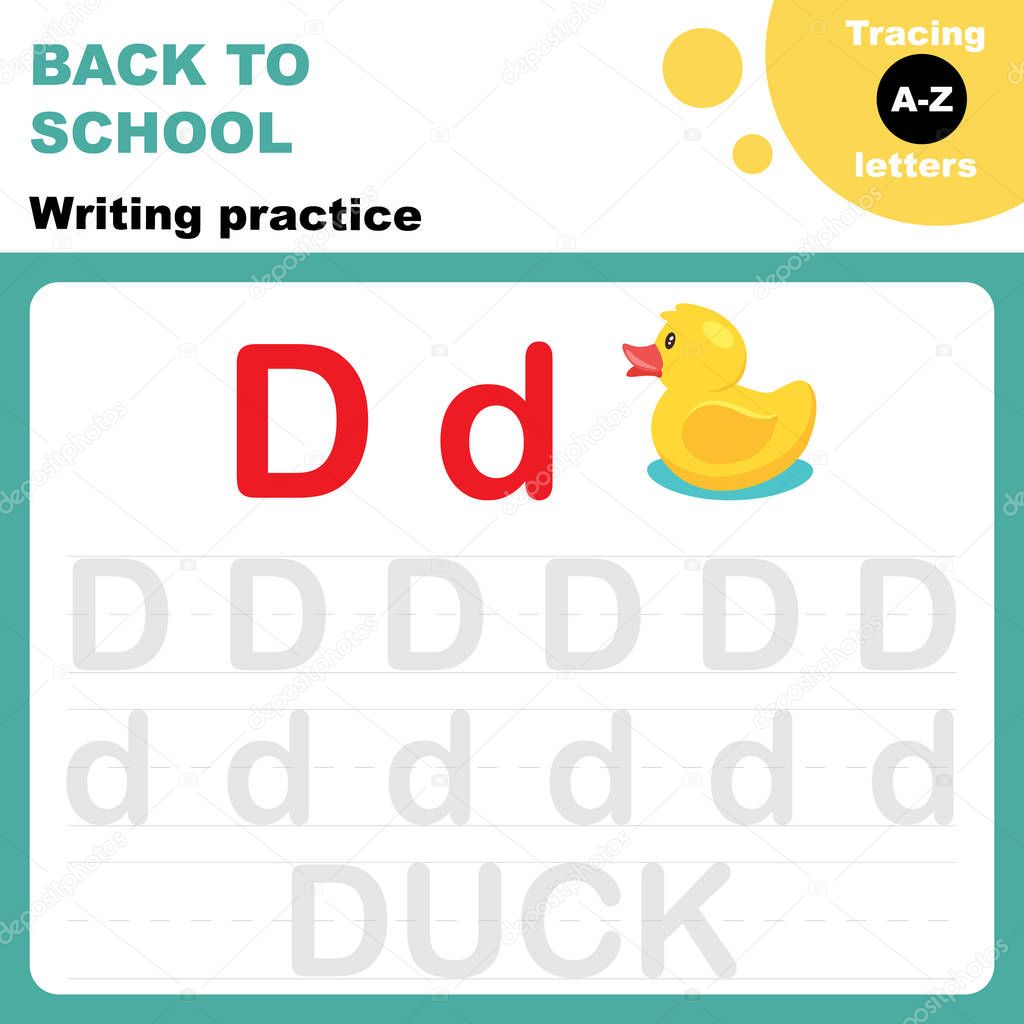 Back to school. Writing practice worksheet. Tasing alphabet letters. Letter D is for duck. Flash card for preschoolers. 