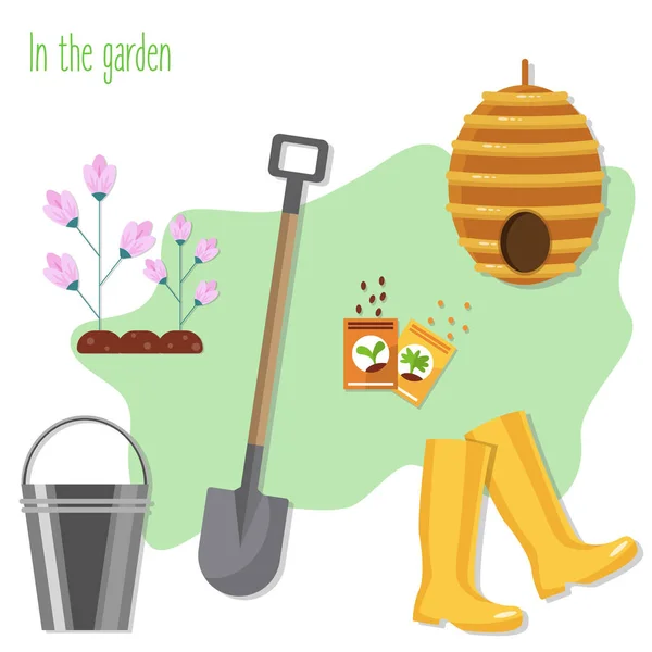 Conjunto de utensílios de jardim e eletrodomésticos. Ilustração vetorial plana . — Vetor de Stock