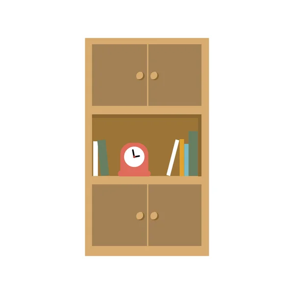 Armário plano de madeira com livros na prateleira e um relógio —  Vetores de Stock